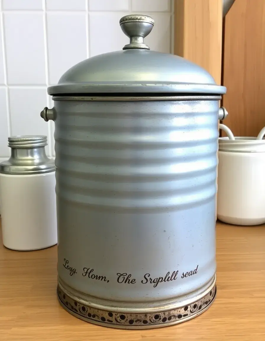 Galvanized metal storage canister on a kitchen counter