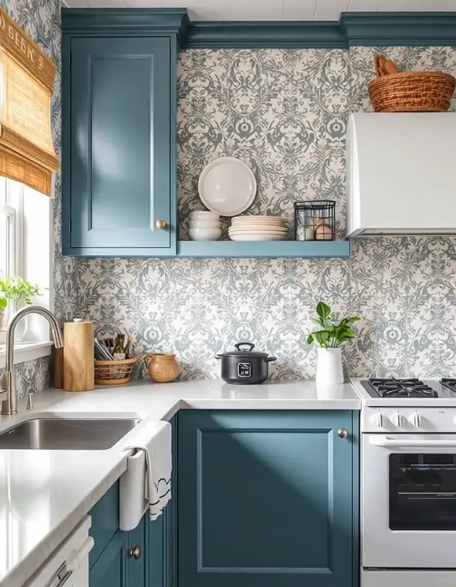 Peel and stick floral wallpaper being applied to a kitchen wall