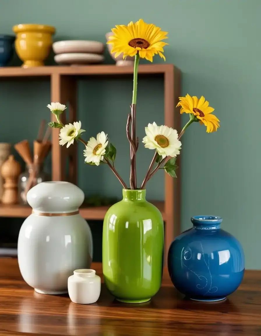 A set of three colorful ceramic vases on a kitchen counter